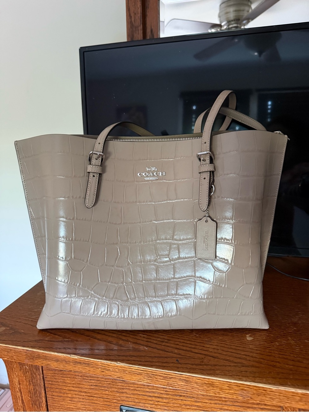 Coach Croc-Embossed Patent Leather Tote in Taupe